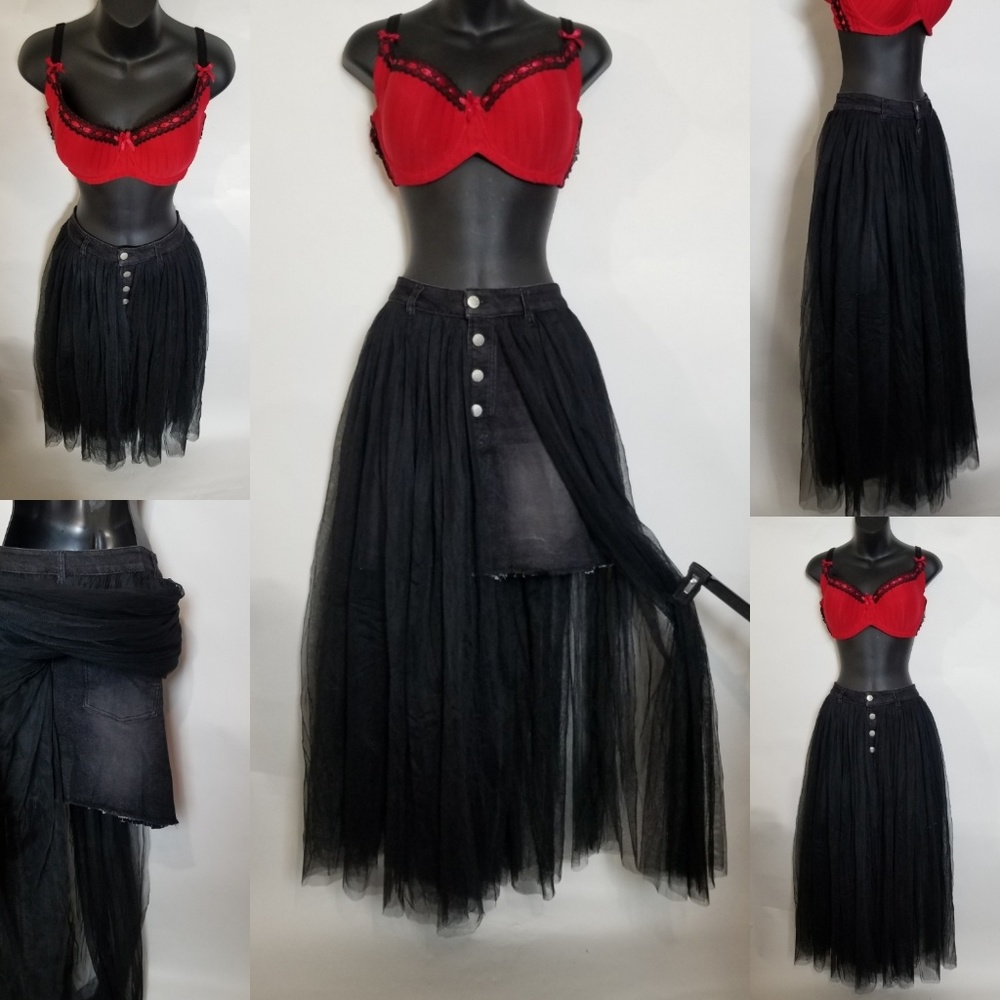 Maxi Tulle Overlay Denim Skirt